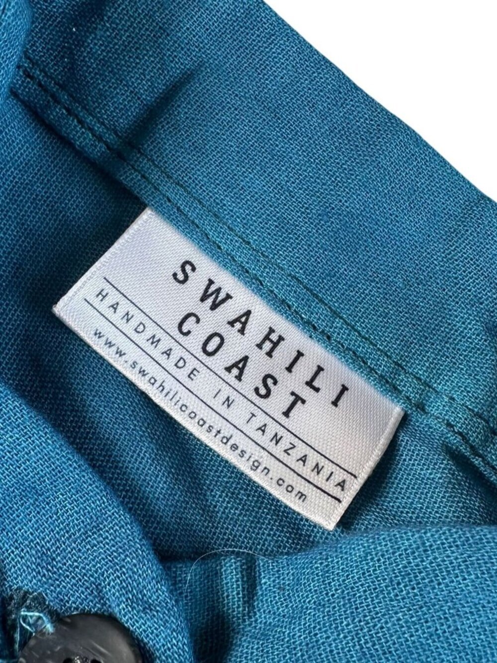 Swahili Coast Linen Dress Medium Blue Button Front Midi Ethical Artisan Pocket - Picture 5 of 10